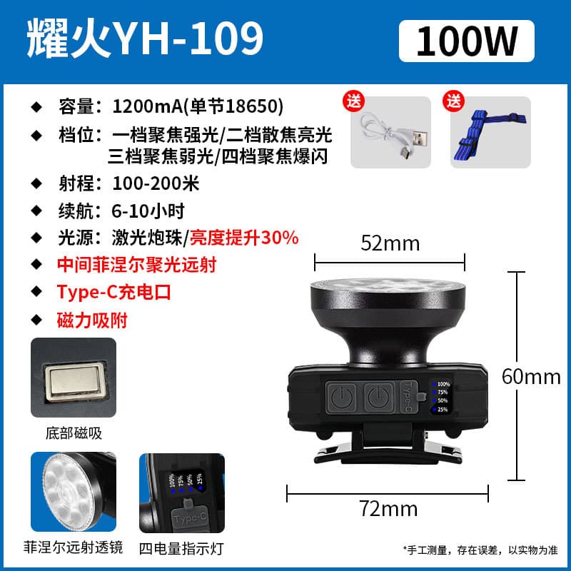 Factory Wholesale Yaohuo Headlamp Super Bright Laser Flashlight Long Battery Life Waterproof Motion Sensor White/Yellow Light Fishing Lamp