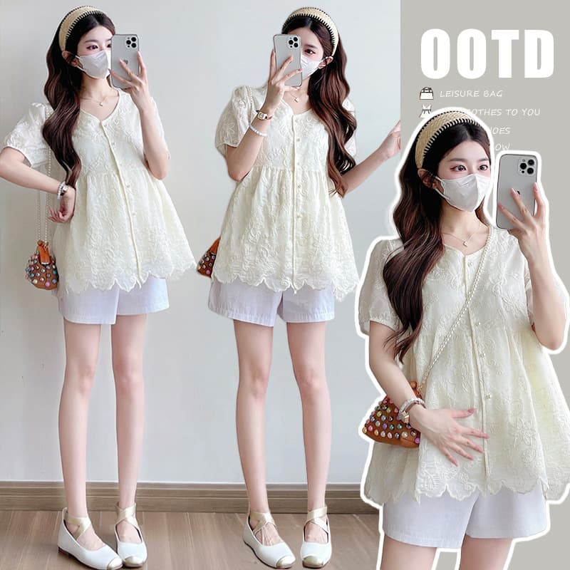Maternity Blouse Stylish Conceal Baby Bump 2025 New Shirt Loose Slimming Summer Short Sleeve Top Women's Set