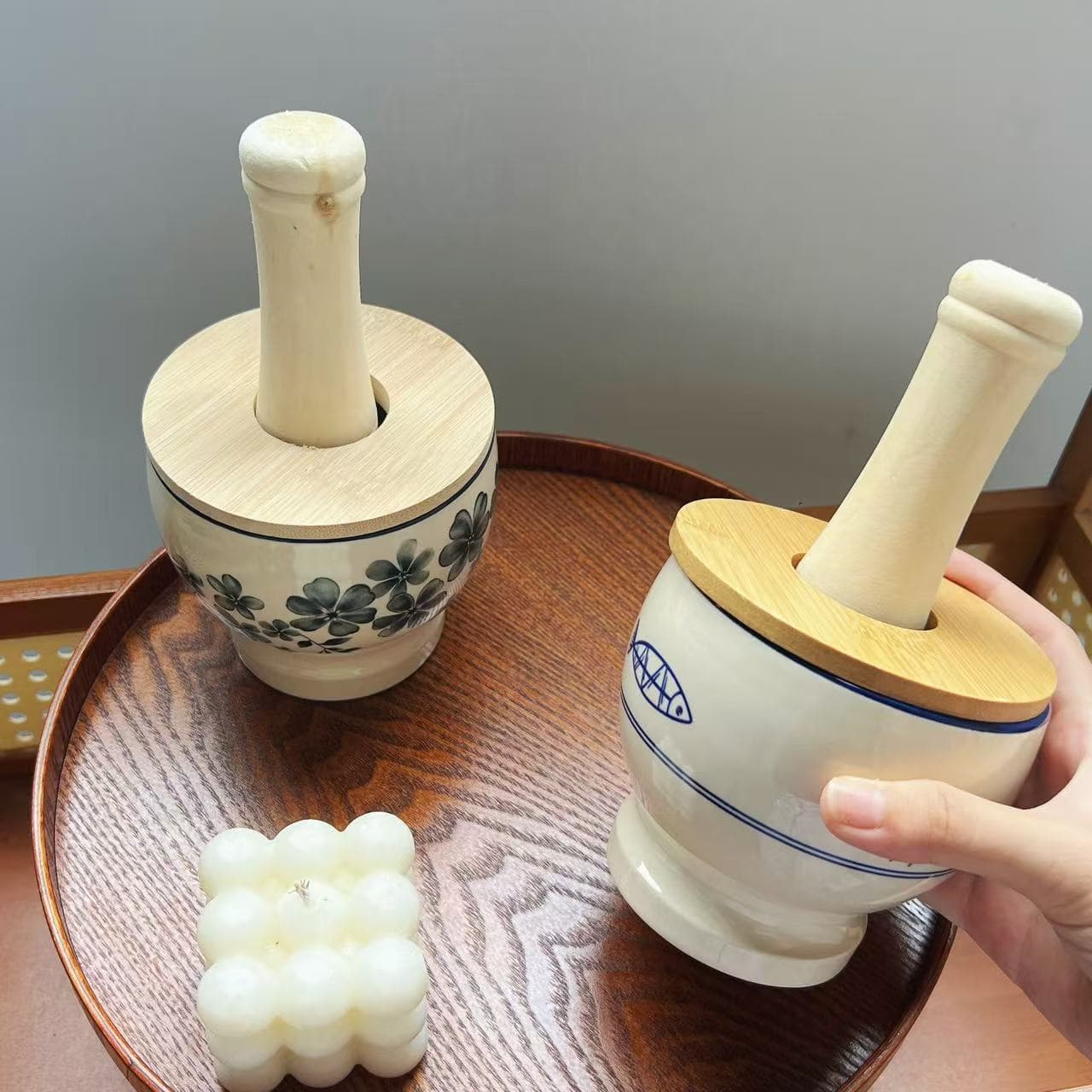Vintage Ceramic Garlic Mortar and Pestle Set for Mashing Chili, Peppers, Preserved Eggs, Home Use Manual Garlic Crusher