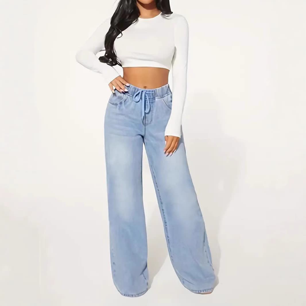 Independent station cross-border European and American clothing high-waist blue waist pants loose wide-leg comfortable straight jeans women's clothing