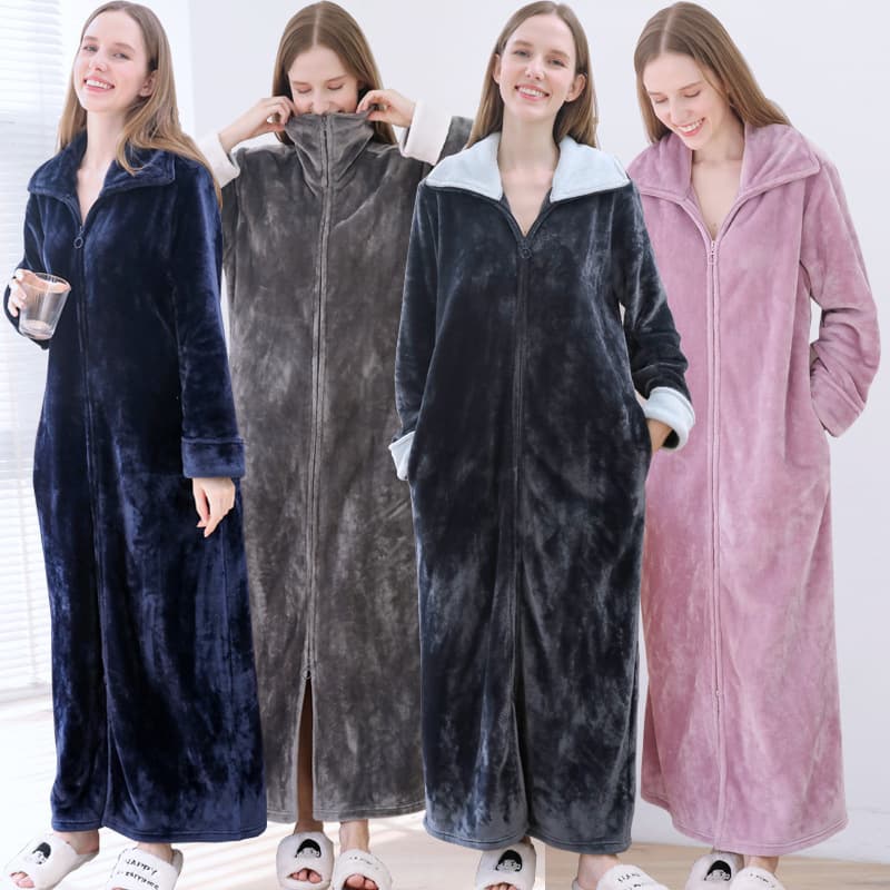 Flannel Robe for Women, Thickened and Extended Winter Zipper Sleepwear, Couple Loose Fit Plus Size Bathrobe, European and American Style One-Piece Nightgown