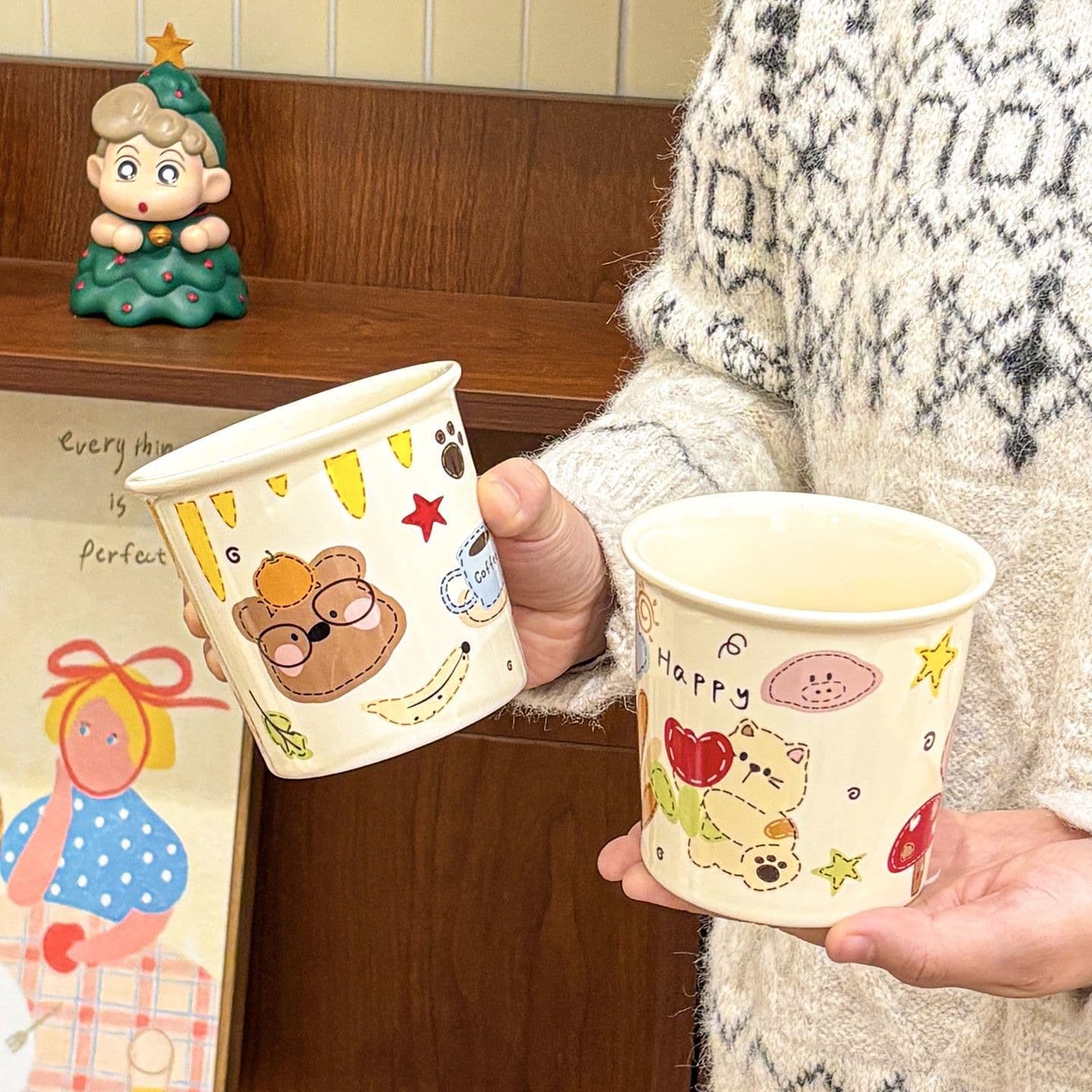 Cute Cartoon High-Gloss Ceramic Mug, Home Use Gift for Women Students, Breakfast Coffee Milk Couple Mug