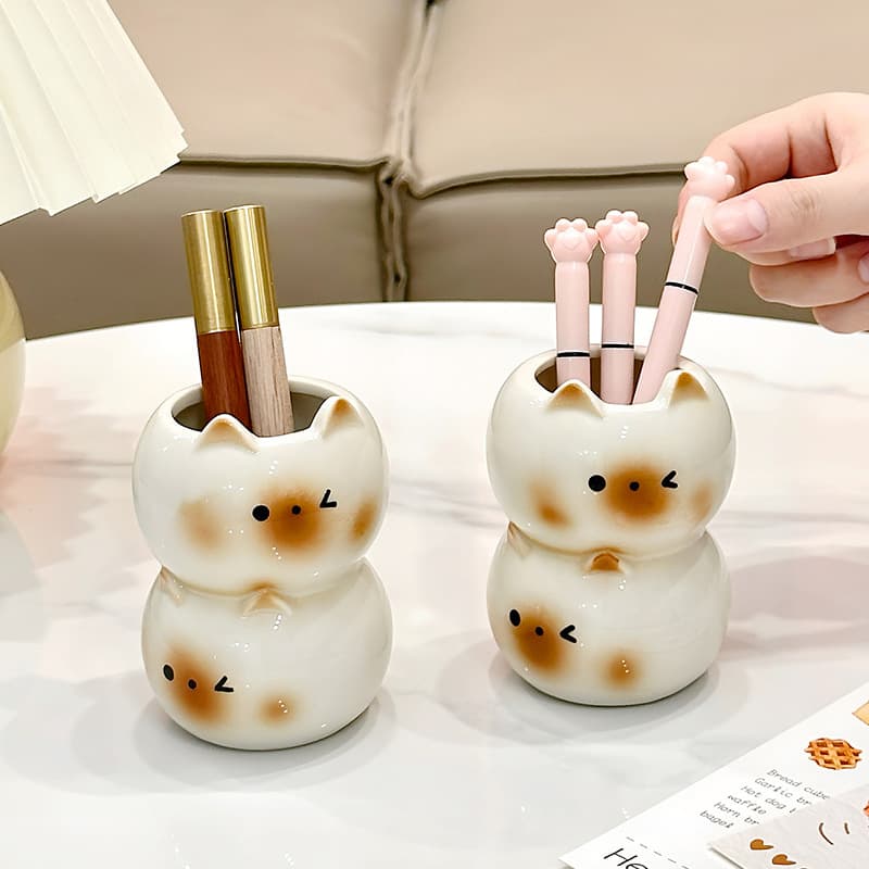 Cat Fresh Small Ceramic Pencil Holder Home Decor Office Dorm Desk Entryway Living Room Ornament Cream Style
