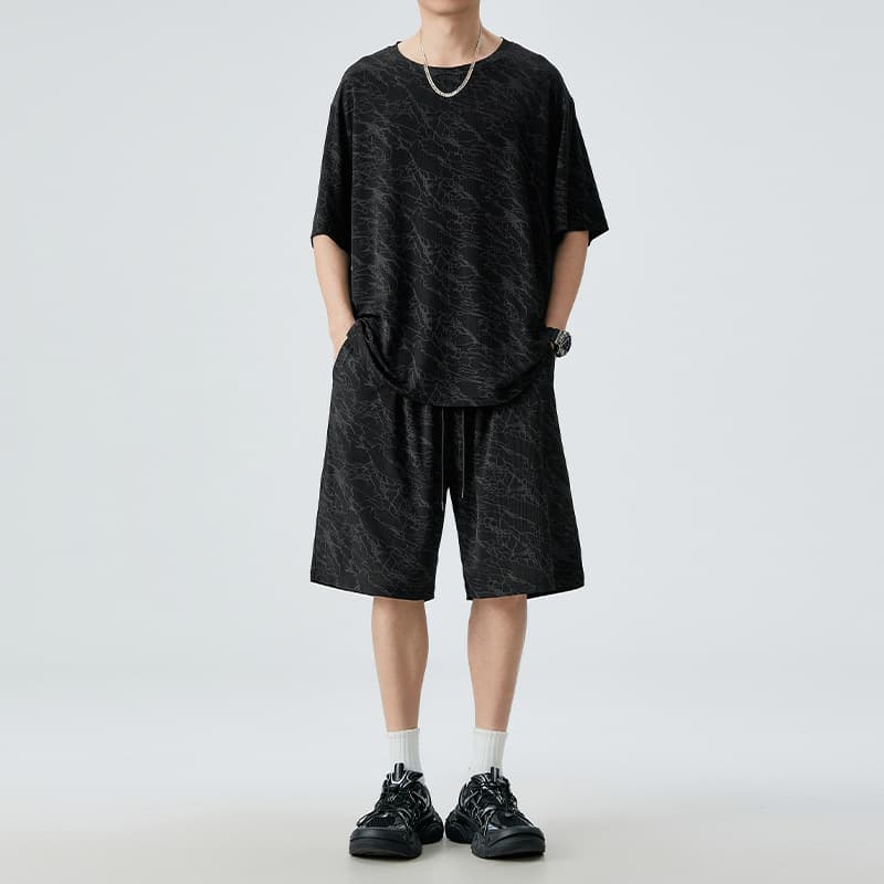 T952+962 large size ice silk suit men's short-sleeved fashionable fat man quick-drying cross-border European and American shorts sportswear summer