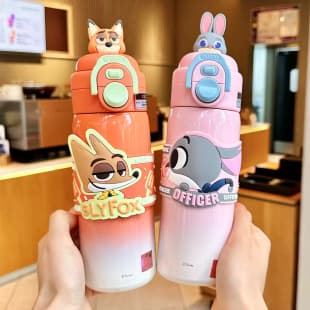 Judy and Nick Character Cup Kids Cartoon Thermos Water Bottle with Dual-Drink Straw Lid, Leak-Proof Original Bottle