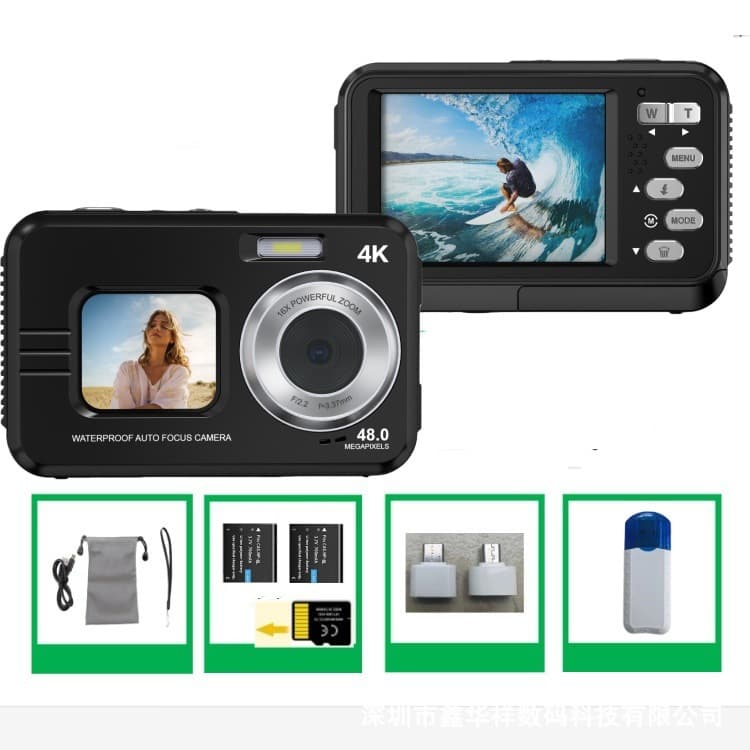 Cross-border exclusive high-definition dual-screen waterproof camera for outdoor sports, student diving, and photography.
