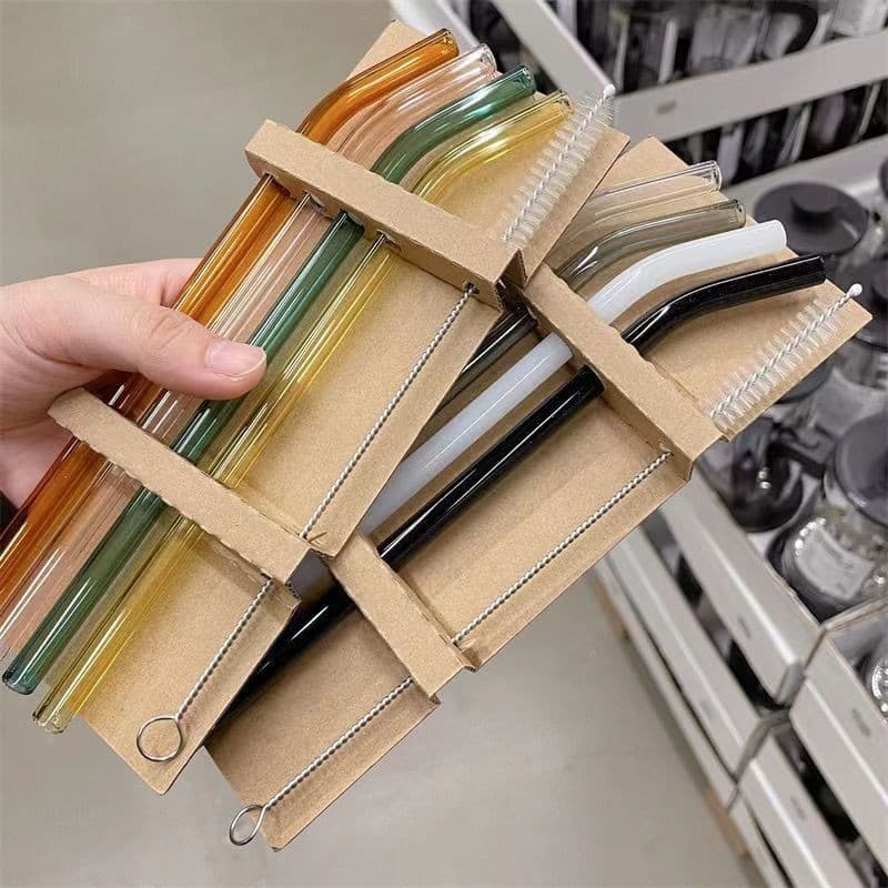Double-Tong Cowhide Box Transparent Glass Straw Ins Curved Juice Milk Straw Stirring Stick Simple Korean Style