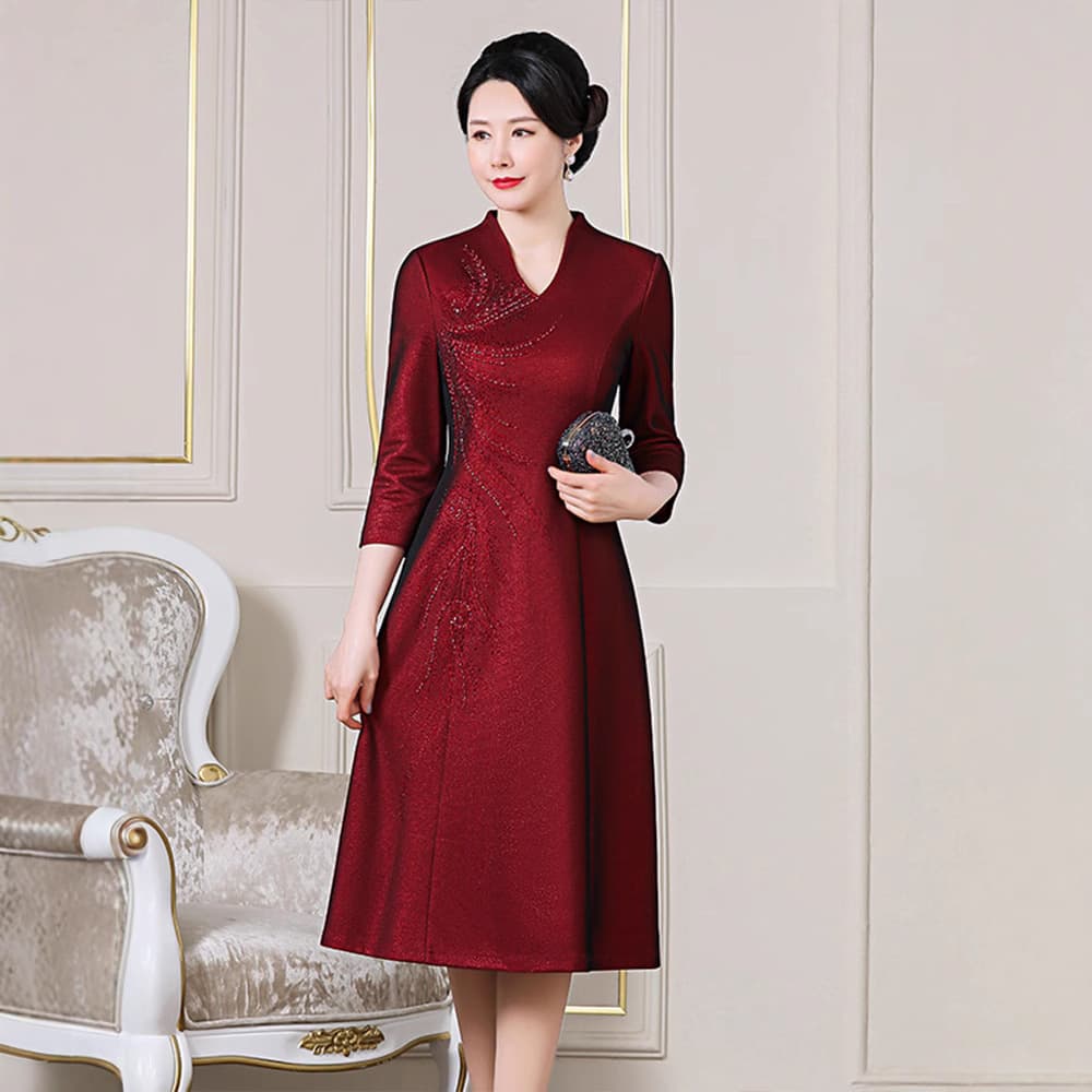Middle-Aged and Elderly Dress Long Length Stand Collar Beaded Plus Size Mother's Outfit Skirt, Banquet Wedding Dress Cheongsam Mid-Length Knee-Length