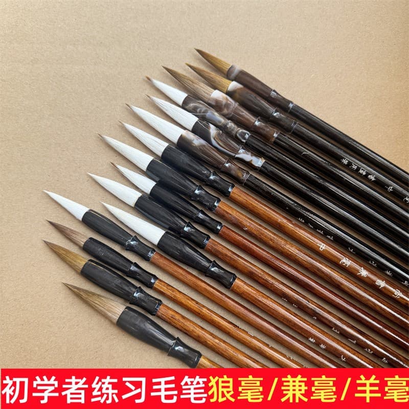 Combination Hair Wolf Hair Wooden Handle Student Beginner's Brush for Traditional Chinese Painting and Calligraphy Training Class, Adult Practice Brush