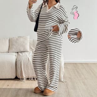 European and American Maternity 2-Piece Set Fall/Winter Bestseller Casual Lapel Knit Top with Adjustable Waist Loose Pants