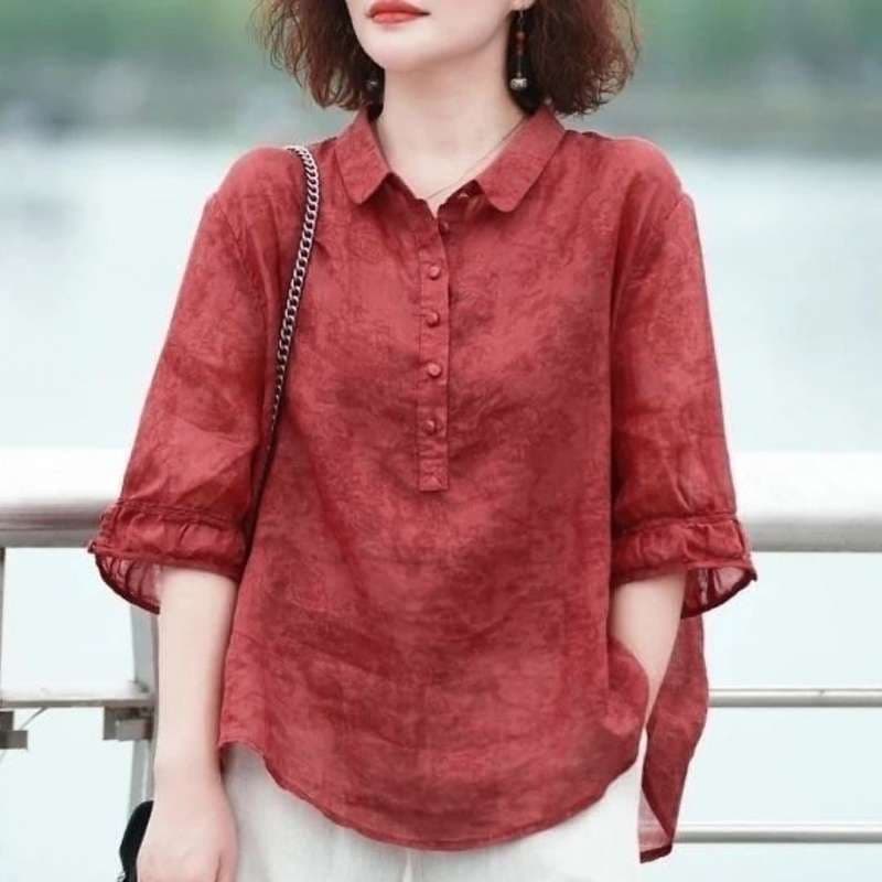 High-End Women's New Blouse, Thin Stylish Jacquard Vintage Medium Sleeve Notch Collar Slimming Camouflage Shirt