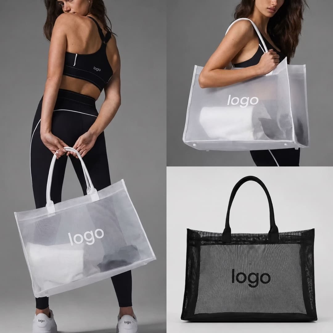 AL Mesh Tote Bag for Women, Transparent Beach Bag, Lightweight Shoulder Crossbody Bag for Yoga Fitness Sports