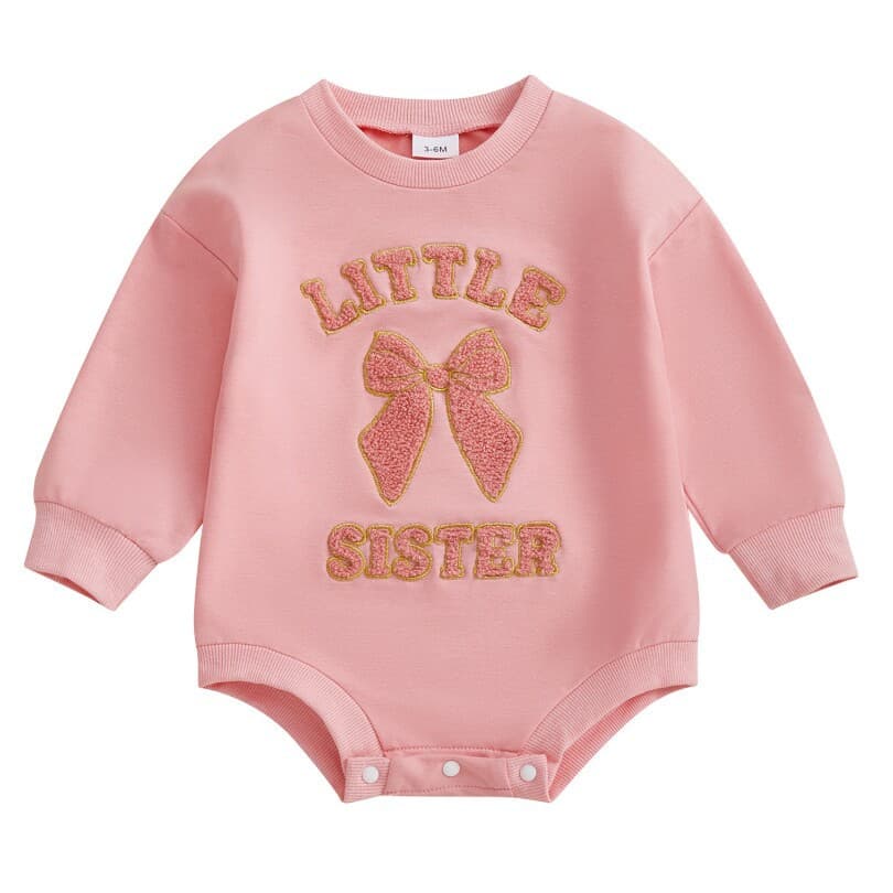 Baby long-sleeved jumpsuit for girls, pink letter embroidered romper, cute bow rompers, spring and autumn style