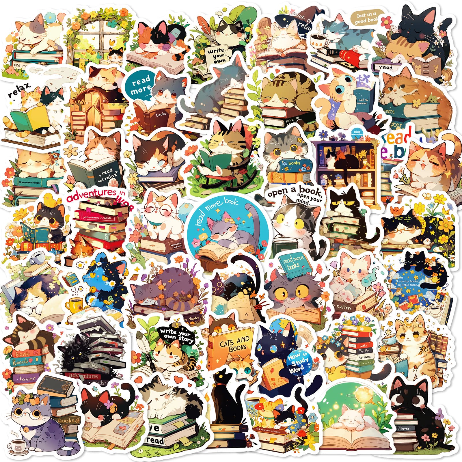 Cross-Border Direct Sourcing [Certified CE.CPC] 50-Pack Cat Reading Graffiti Stickers for Notebooks, Skateboards, Water Bottles