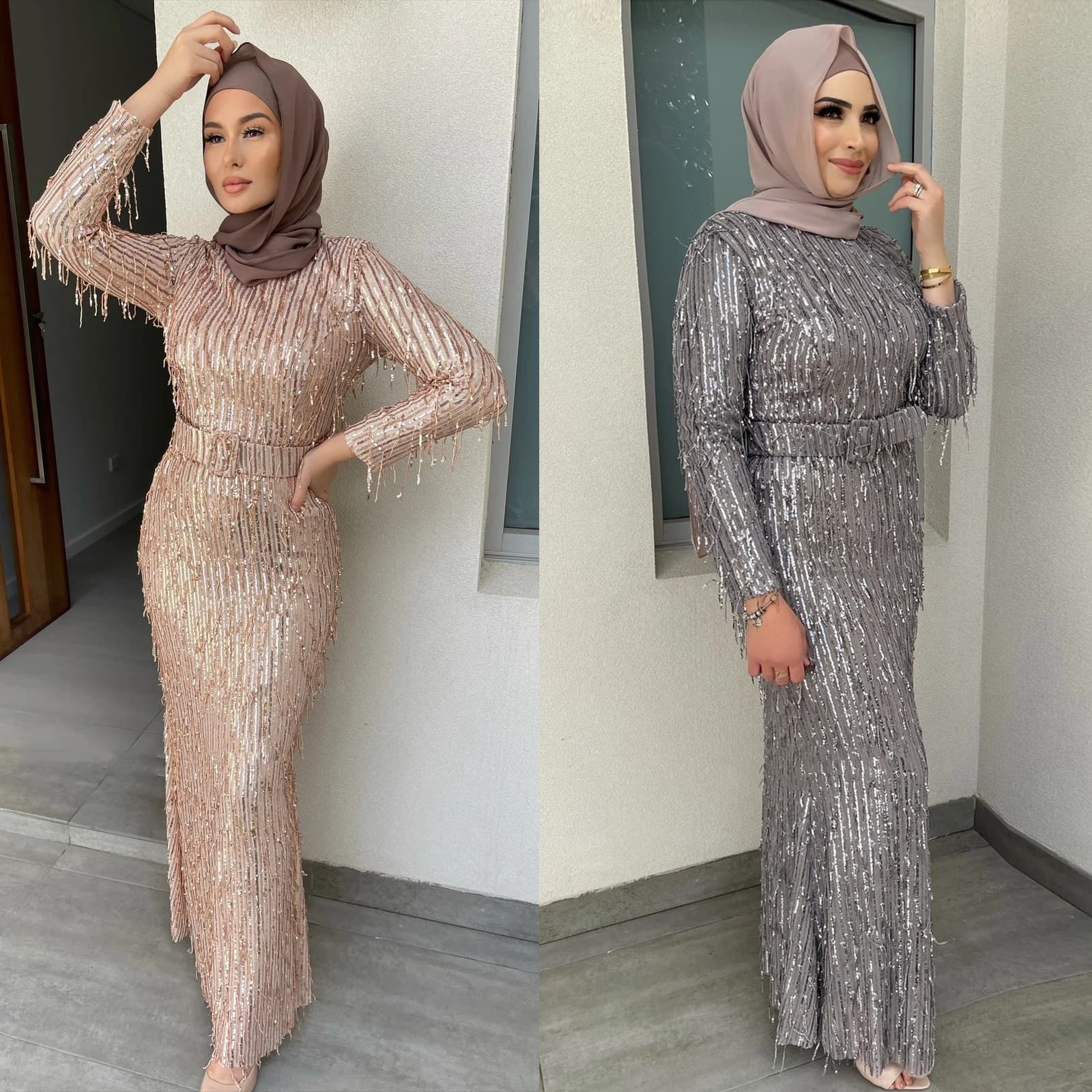 MQ030 Modest Sequin Fringe Bodycon Dress Evening Gown Long Skirt Pencil Dress