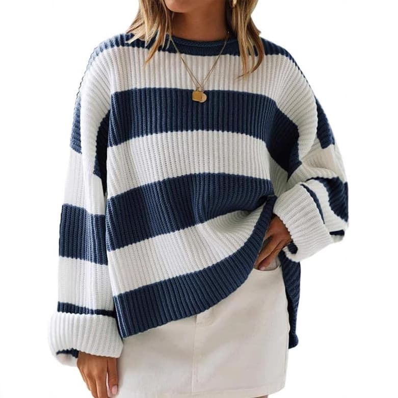 Amazon 2023 Autumn/Winter Round Neck Long Sleeve Striped Knit Sweater Cross-Border European and American Women's Fashion Flared Sleeve Loose Fit Sweater