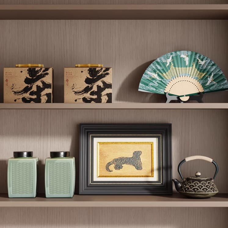 New Chinese Style Ceramic Art Ornament with Folding Fan, Wooden Curio Cabinet, Tea Room Soft Decoration