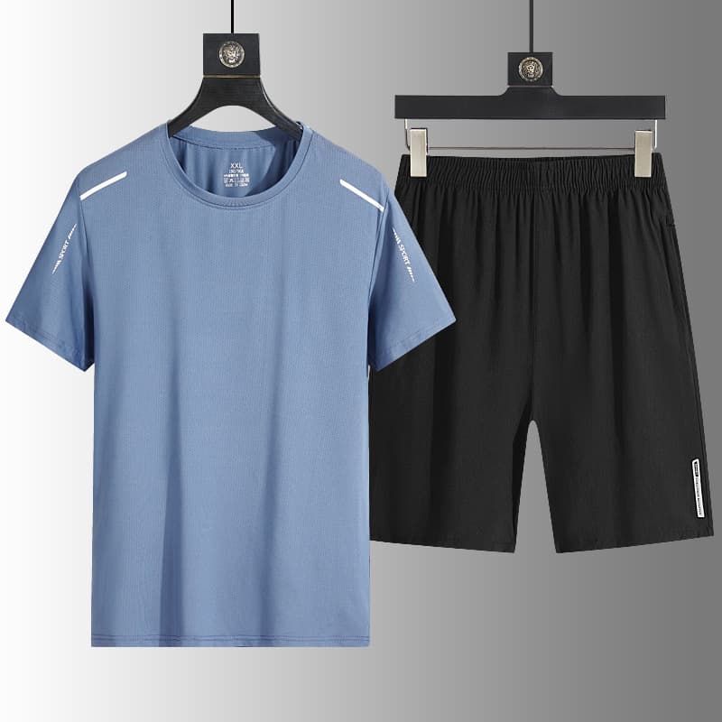 Summer Ice Silk Men's Casual Sports Set Loose Fit Two-Piece Quick Dry Round Neck T-Shirt Shorts Breathable Lightweight Polyester Fiber