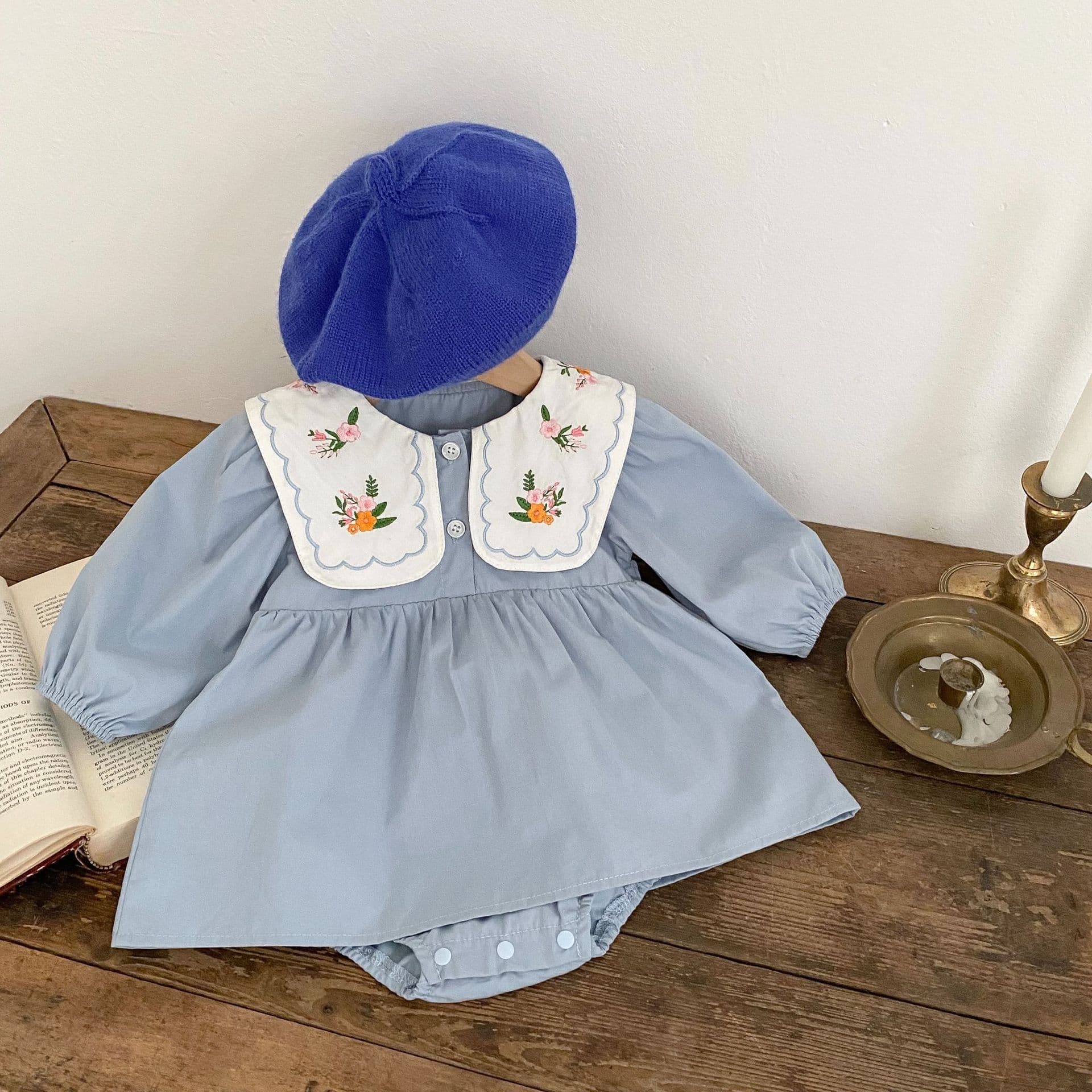New Baby Girl Dress Embroidered Turn-down Collar Princess Style Thin Long Sleeve Bodysuit Romper