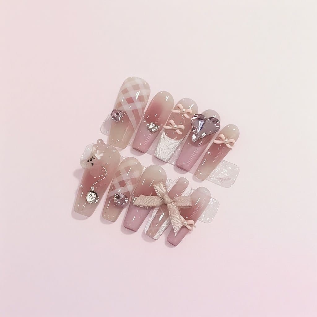 Ballet Princess|Handmade ballet bear crystal diamond wear manicure high-end cream French bow manicure piece