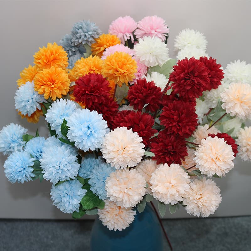 New Wedding Hall Three-Head Pompom Chrysanthemum Simulation Flower Ball Chrysanthemum Onion Ball Thorn Ball Artificial Flower Wedding Silk Flower Dandelion Flower Material