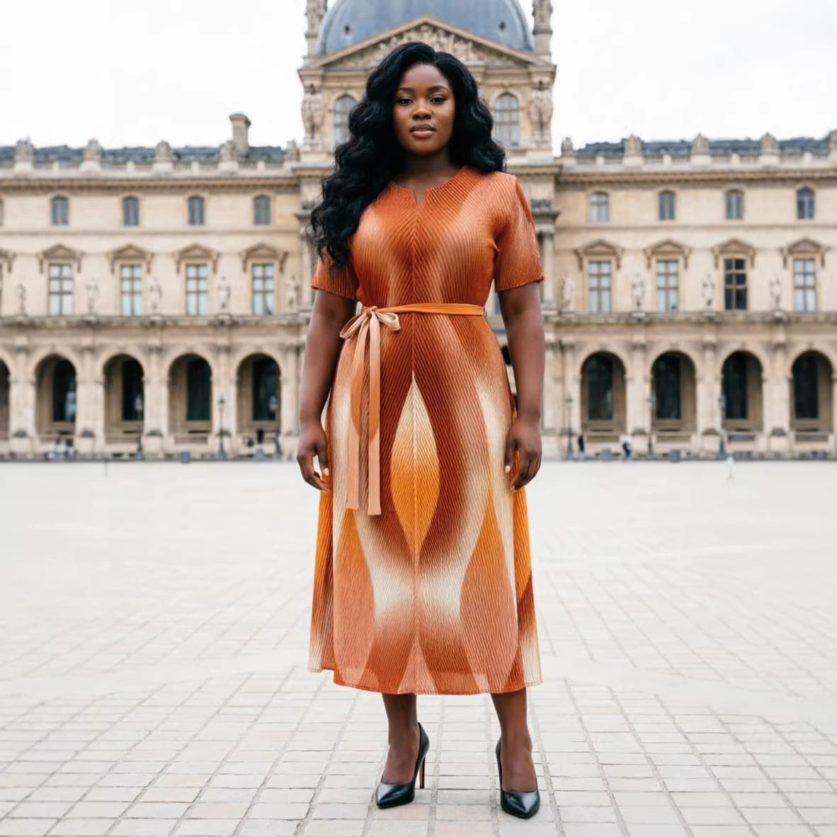 European and American African Cross-Border Plus Size Dress Fashion New Miyake Pleated Gradient Print Short Sleeve Dress