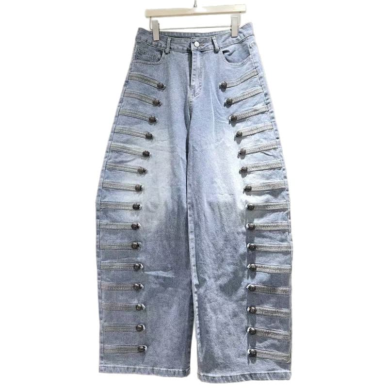 European Retro Heavy-Duty Double-Breasted 3D Embellished 2026 Spring/Fall Fashion Stretch Denim Curved Blade Wide-Leg Trousers
