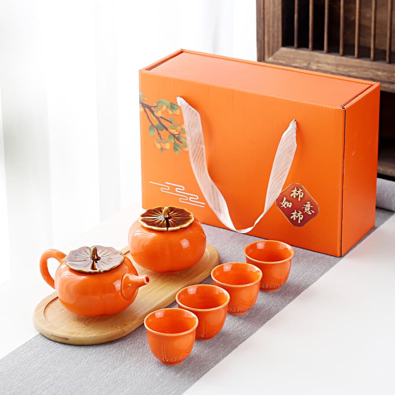 Chinese Persimmon Style Kung Fu Tea Set Ceramic Complete Set with Wedding Candy Jar, Portable Outdoor Tea Caddy Creative Gift