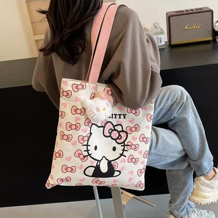 Factory Custom Hello Kitty Canvas Bag Large Capacity Shoulder Bag Small Fresh Commute Handbag Large Capacity Commuter Bag