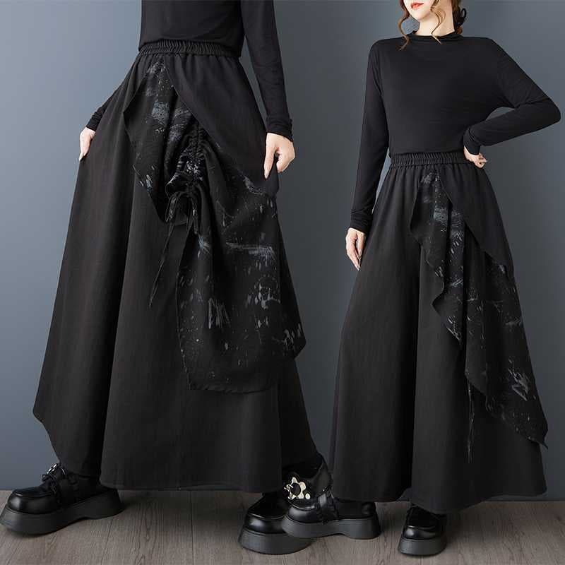 2025 Fall New Dark Style Plus Size Printed Patchwork Wide-Leg Fashion Loose Casual Pant Skirt