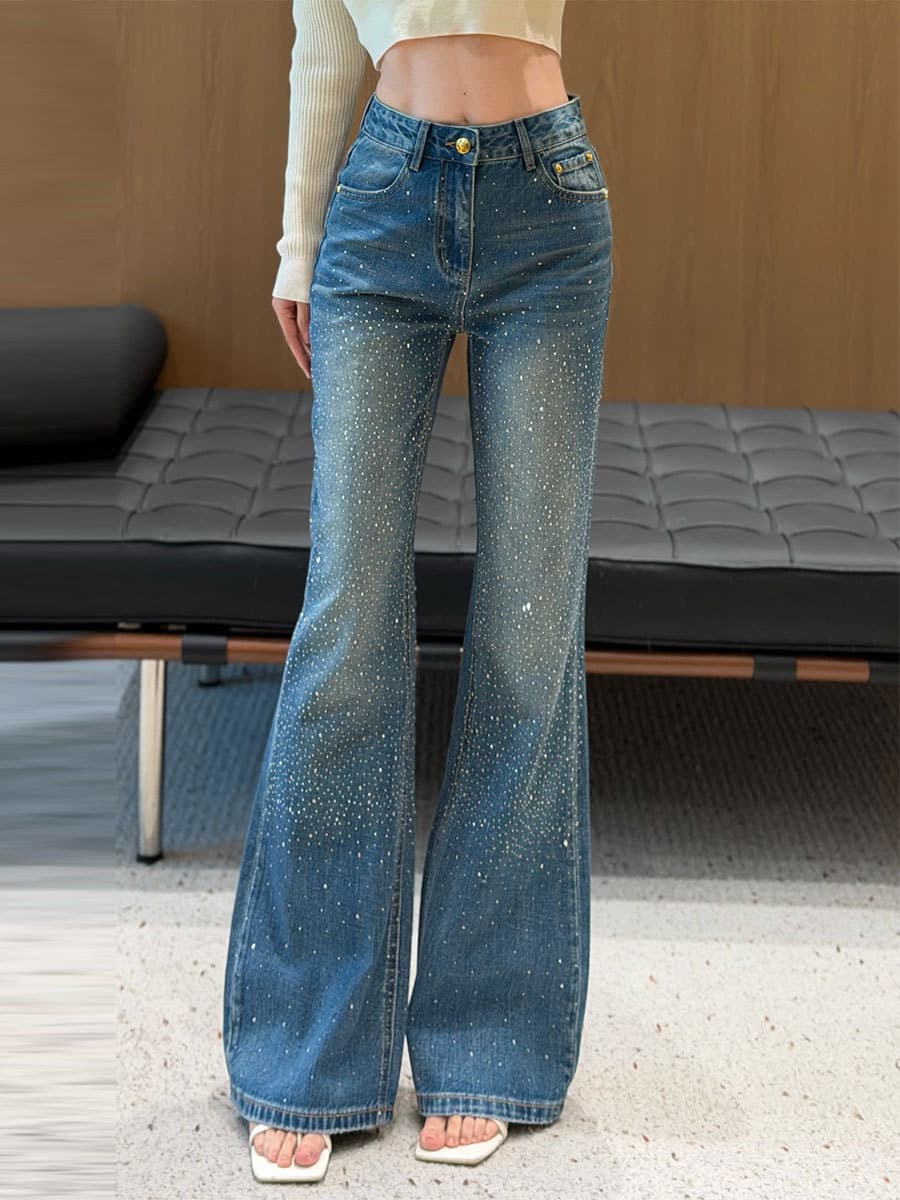 Hot Diamond Gradient Trousers Fashionable Versatile Flared Pants Slimming High-Waist Jeans Nanyou Women Straight-Leg Pants Loose Fit Hides Fat