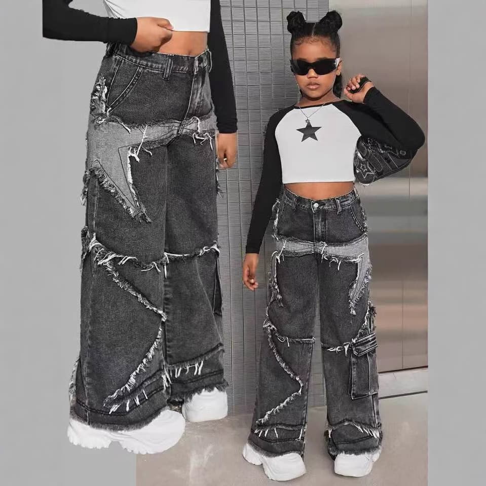 Cross-border new street girls' jeans, loose hot girl embroidery, medium and large children's jeans, European and American children's jeans