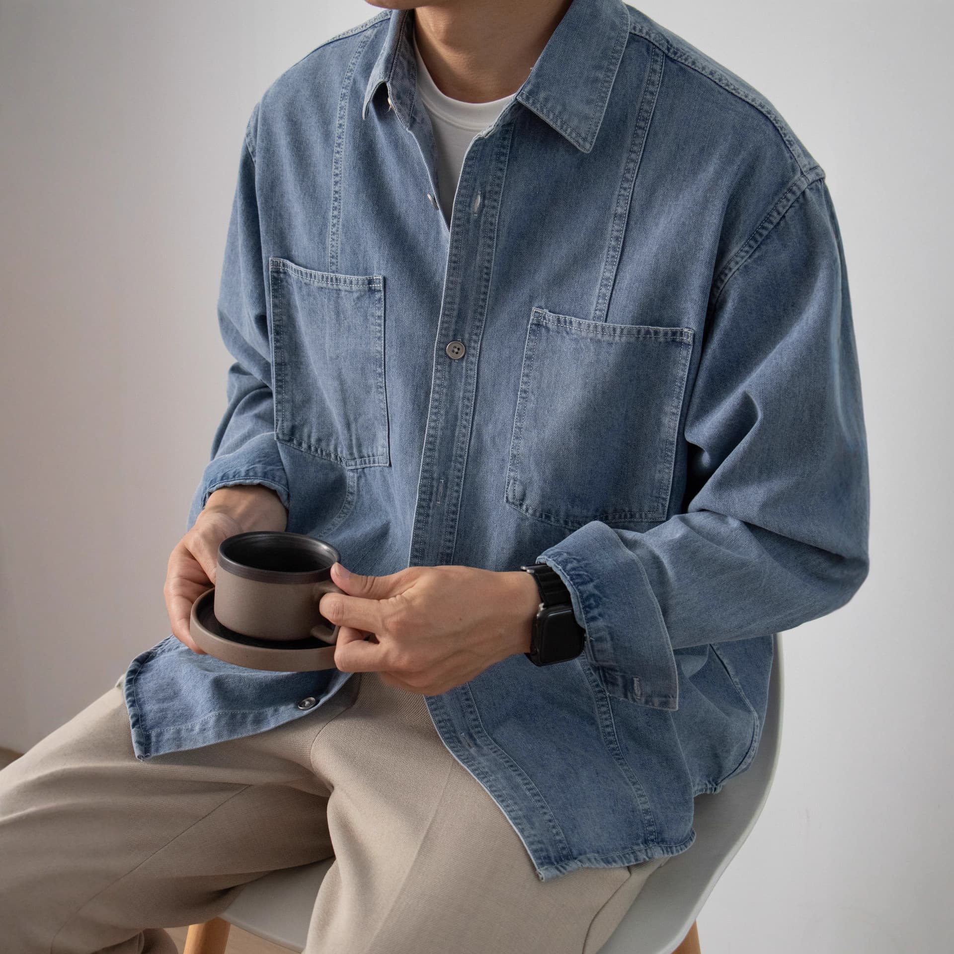 Nengmeng Patchwork Tooling Double Pocket Washed Denim Shirt for Men, Early Autumn Vintage Loose Long Sleeve Men's Shirt