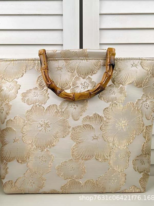 New Chinese Style Jacquard Bamboo Knot Handbag, Vintage 2024 Large Capacity Tote for Qipao and Hanfu