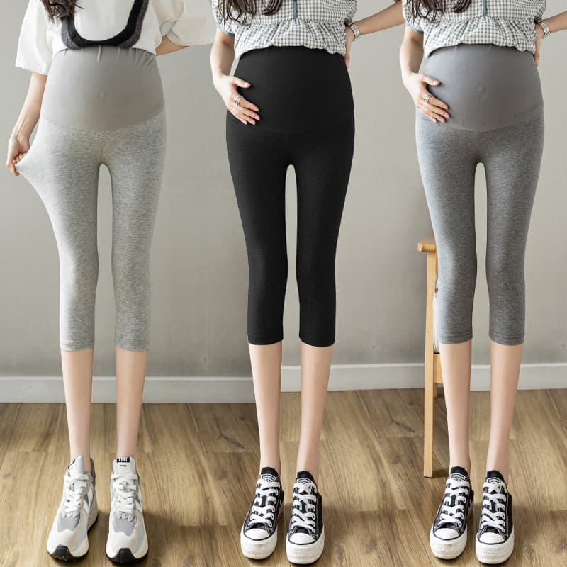 Spring/Summer Maternity Leggings Seamless High Stretch Capri Pants Supportive Belly Panel Cat Logo Modal Mid-Length Leggings