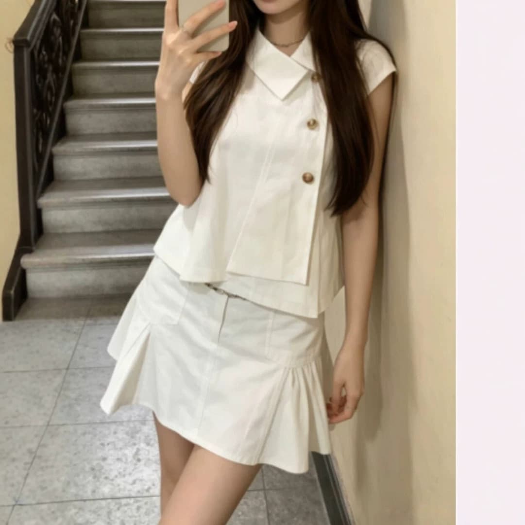 French White Dress Two-Piece Set Women Summer 2026 Super Hot Korean Style Stunning Outfit Complete Set Skirt Pants