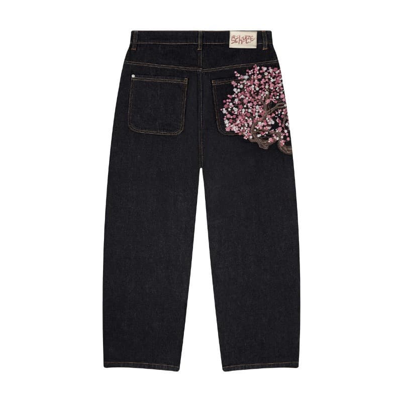 Cross-border European and American trendy brand plum blossom embroidered jeans for men, loose fit, versatile, wholesale and drop shipping