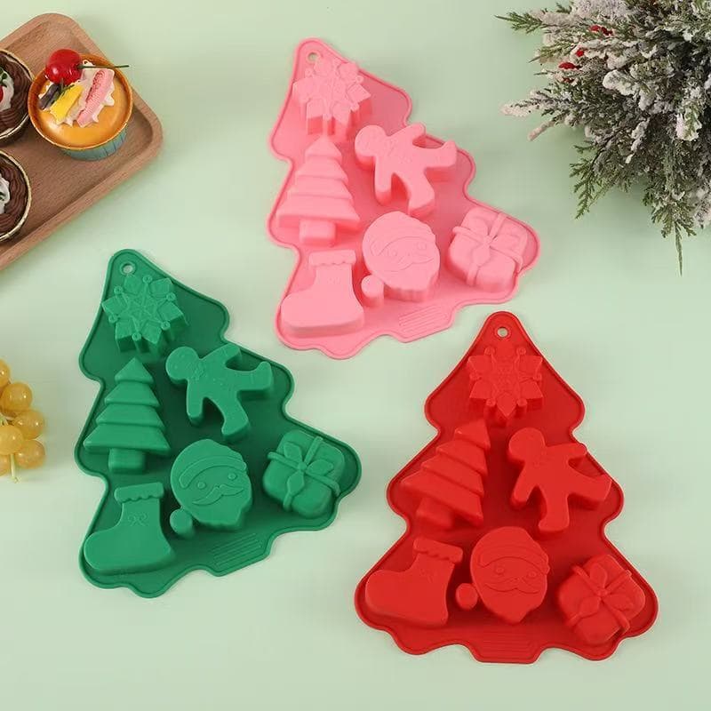 Christmas Tree Food-Grade Silicone Cake Mold 6-Cavity Santa Claus Bell DIY Baking Mold Mousse Dessert