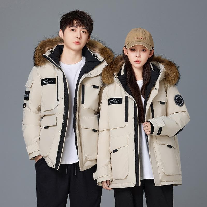 2025 new style thickened couple's workwear down jacket, winter coat for men and women, mid-length with fur collar, outdoor warm and trendy