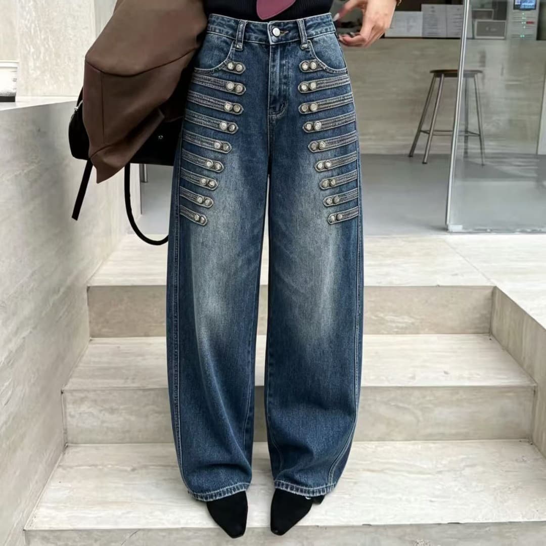 Unique Design Multi-Button Wide-Leg Jeans for Women High-Waist Flowy Straight-Leg Floor-Length Pants