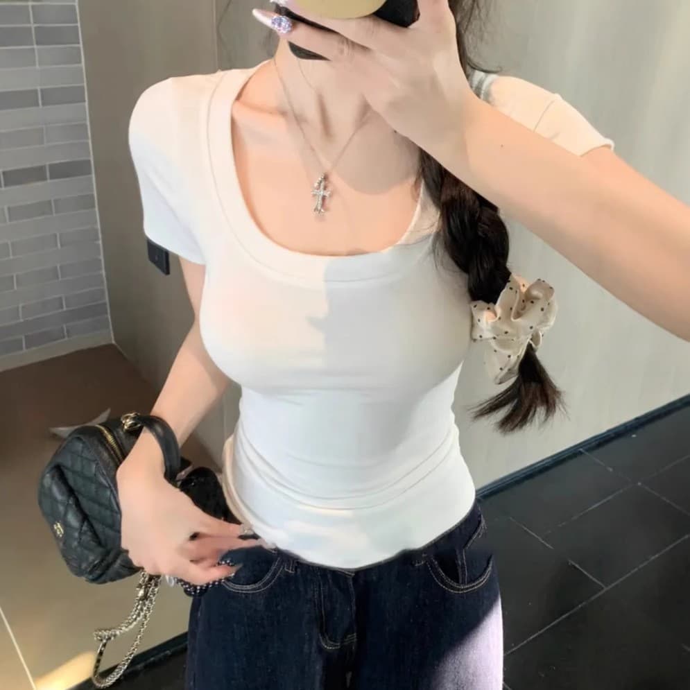Tight-fitting threaded short-sleeved T-shirt for women, right shoulder, U-neck, short, pure lust style, hot girl showing navel, basic solid color top, short-sleeved