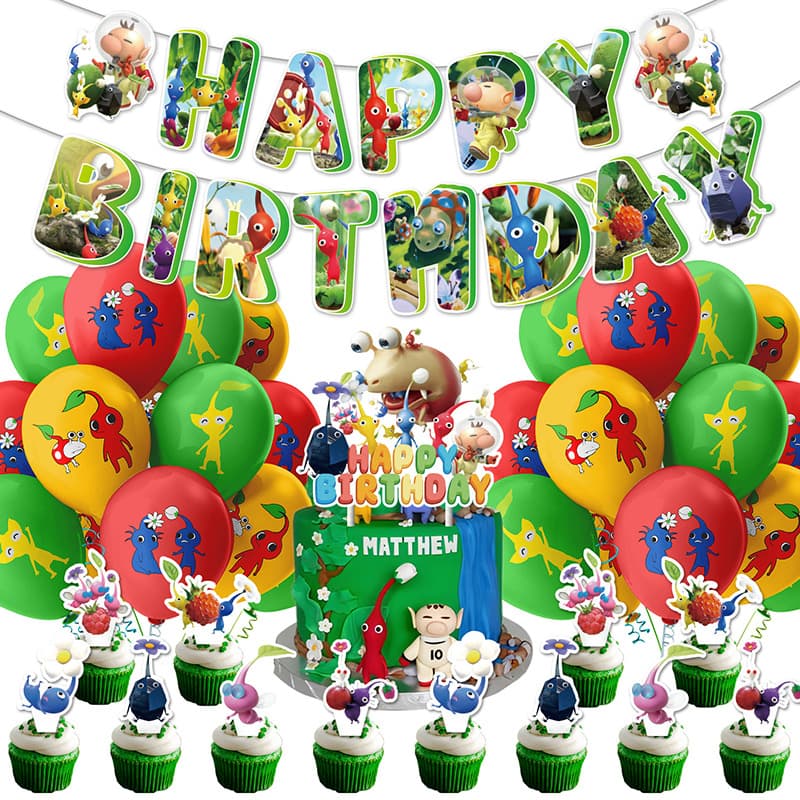Pikmin game theme birthday party decorations flag cake insert latex balloon set