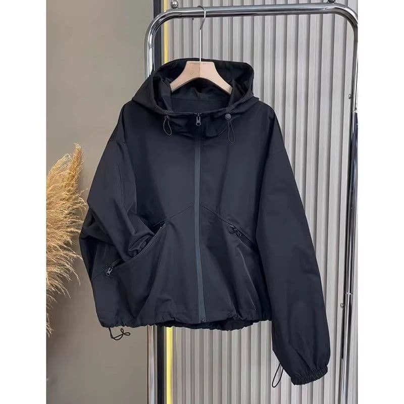 2025 New Autumn Short Sleeve Women's Casual Top Black Hooded Windbreaker Jacket Coat Trendy