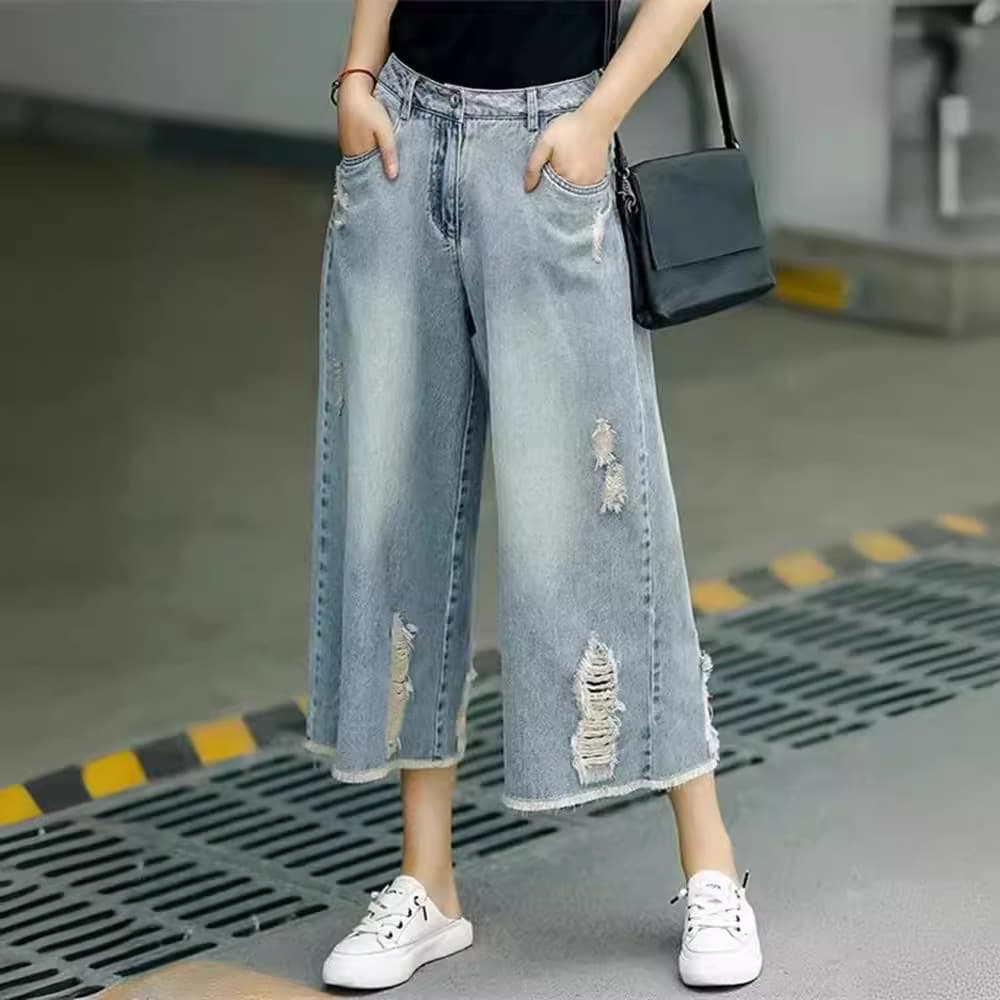 Short straight jeans for women 2026 American trend loose thin high waist ripped wide leg cropped pants trendy