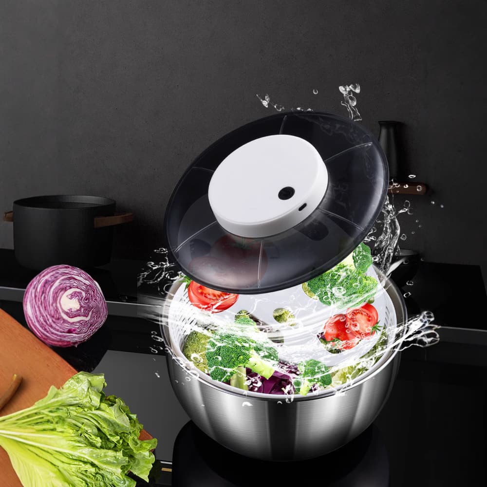 Home Vegetable Washing Bowl Stainless Steel Vegetable Salad Dehydrator Hand-crank Spin Dryer Electric Fruit and Vegetable Dripping Basket Kitchen