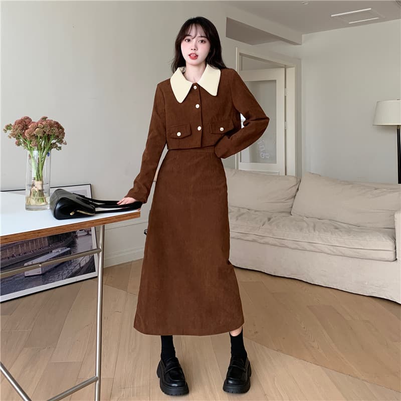 Corduroy Fashionable Slimming Two-Piece Set for Plus Size Autumn/Winter, Chanel-Style Jacket + Long Skirt Set