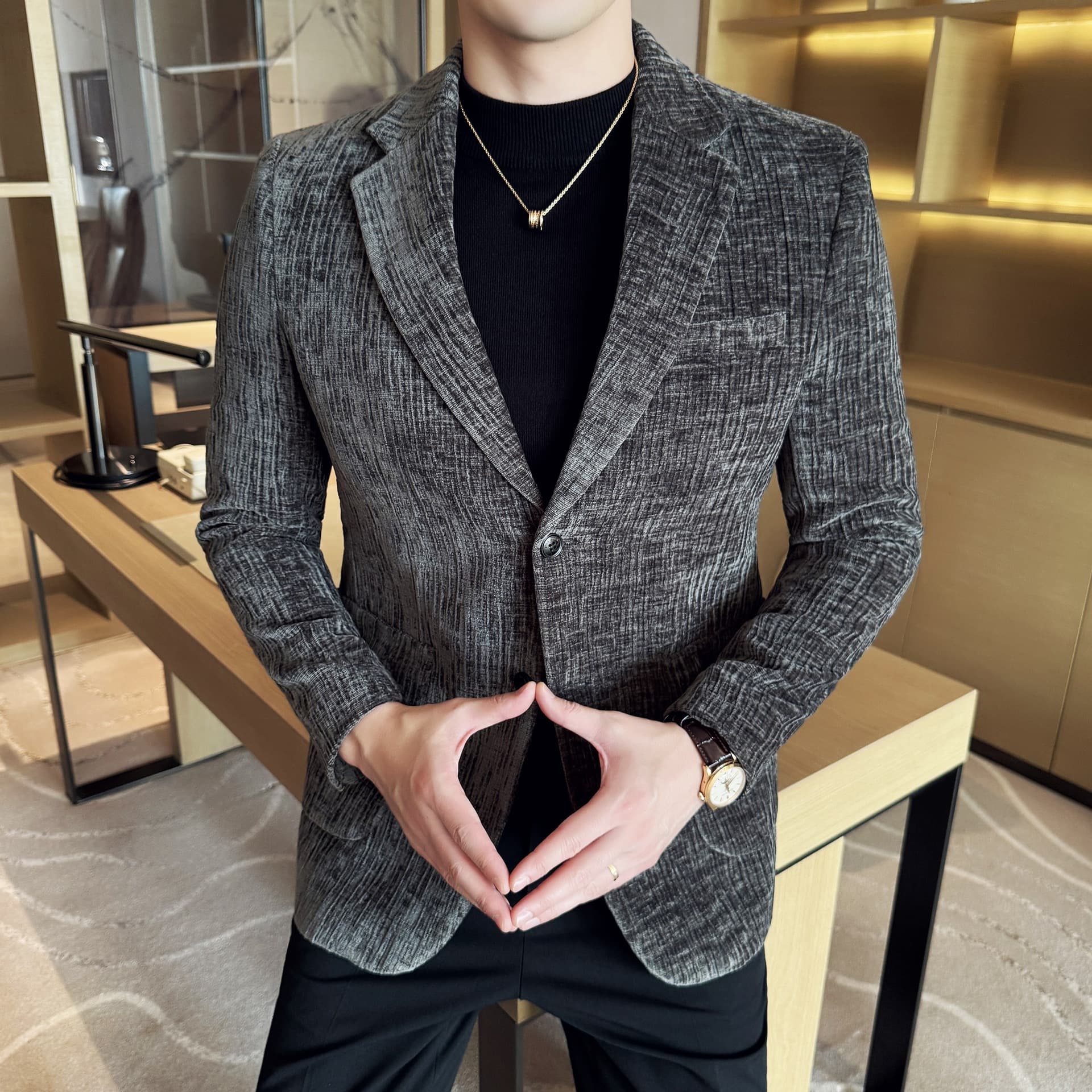 Chenille Pleated Fashion Casual Blazer for Men, Korean Style Slim Fit Suit DX148, Polyester Fiber
