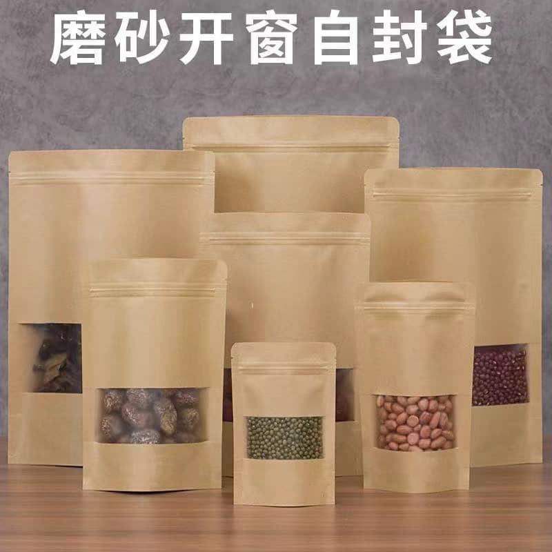 Window Kraft Paper Bag for Dried Fruit Food Packaging, Frosted Kraft Paper Ziplock Bag, Stand-Up Pouch, Tea Sealing Bag
