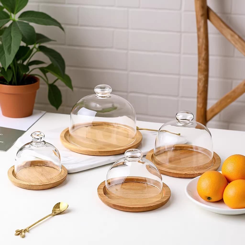New Bamboo Wood Tray with Transparent Dustproof Glass Lid, Nordic Style Cake Plate Dessert Stand Simple Fruit Tray with Lid