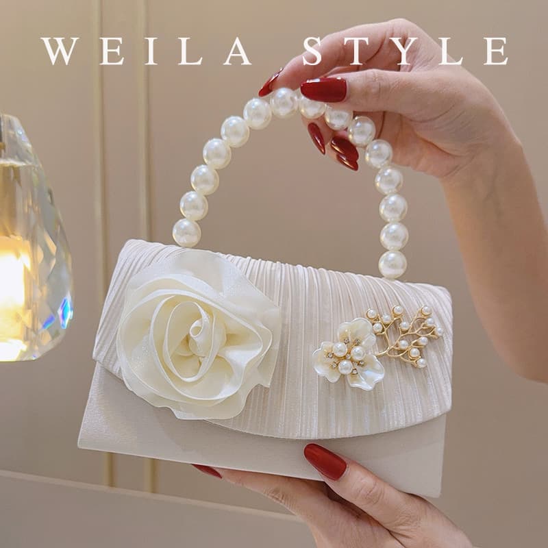 French light luxury evening bag for women, pleated satin beaded handbag, elegant dress evening bag, wedding clutch bag for women